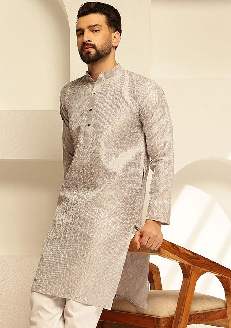 Grey Thread Work Poly Blend Kurta Set For Men