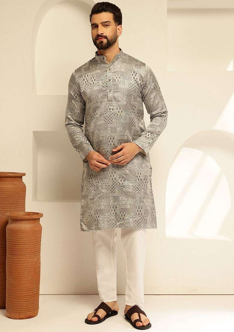 Grey Printed Poly Blend Kurta Set For Men - Indya