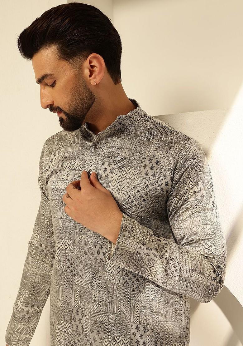 Grey Printed Poly Blend Kurta Set For Men