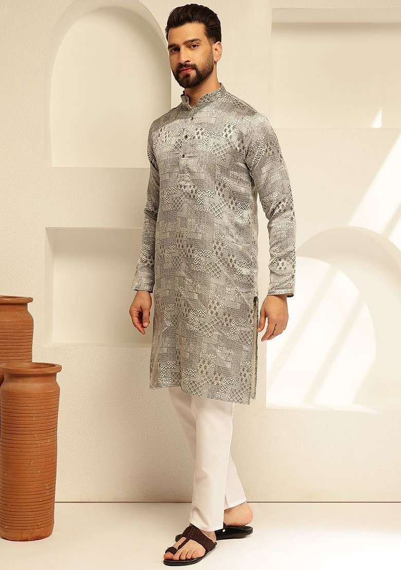 Grey Printed Poly Blend Kurta Set For Men - Indya