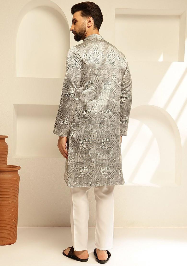Grey Printed Poly Blend Kurta Set For Men