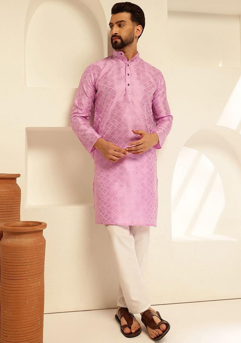 Lavender Ethnic Motifs Poly Blend Kurta Set For Men