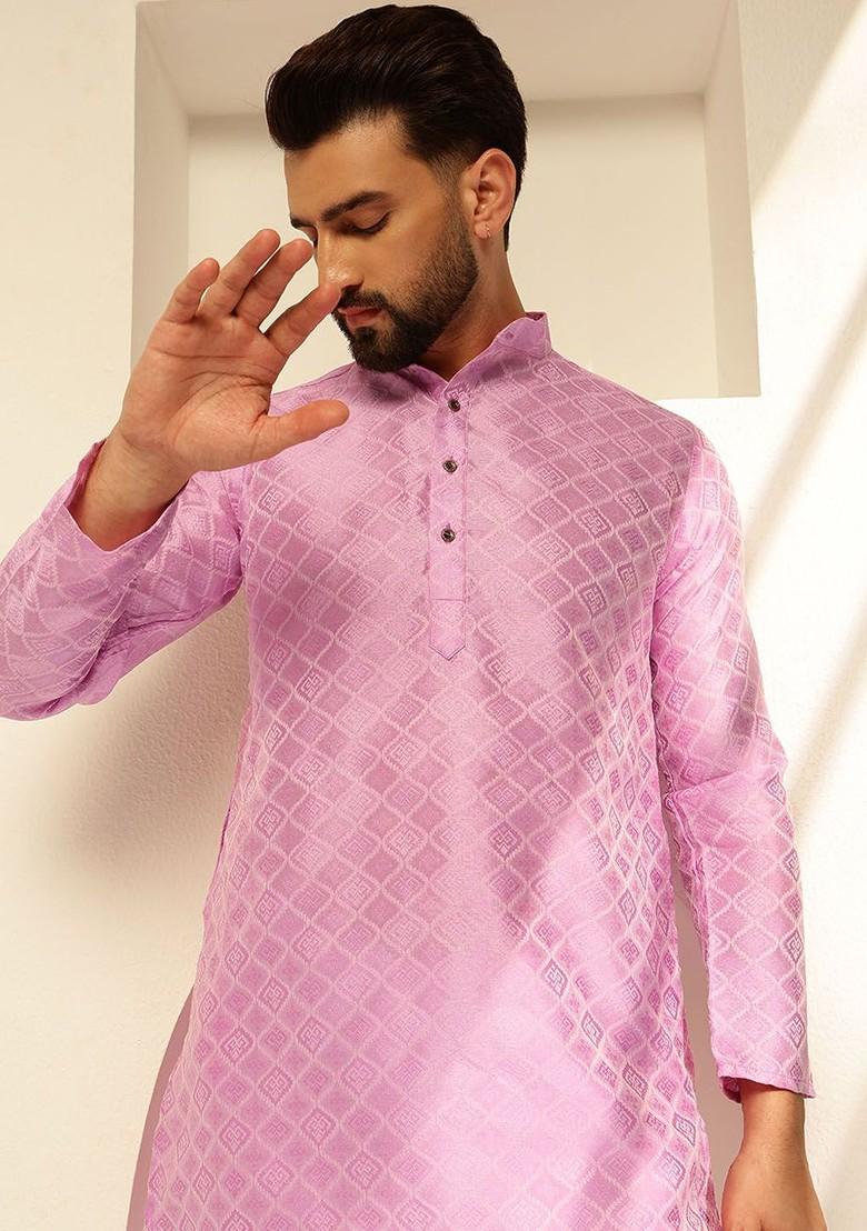 Lavender Ethnic Motifs Poly Blend Kurta Set For Men