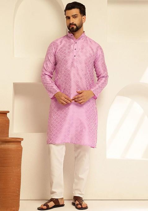 Lavender Ethnic Motifs Poly Blend Kurta Set For Men — view on Indya