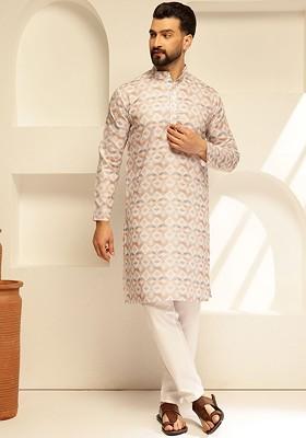 Beige Printed Poly Blend Kurta Set For Men
