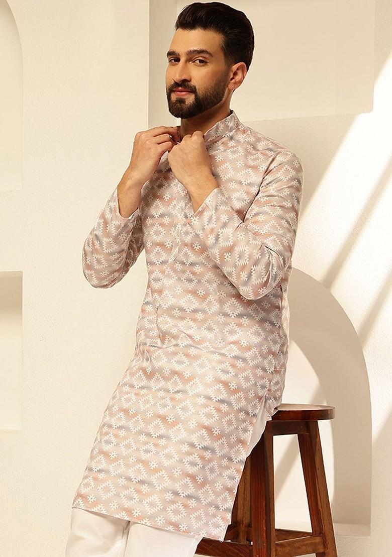 Beige Printed Poly Blend Kurta Set For Men