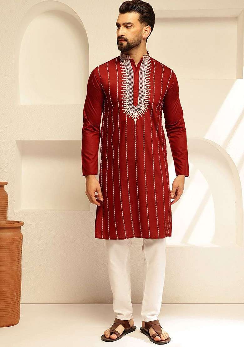 Maroon Thread Work Poly Blend Kurta Set For Men - Indya