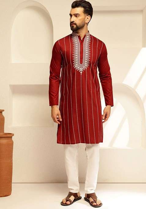 Maroon Thread Work Poly Blend Kurta Set For Men