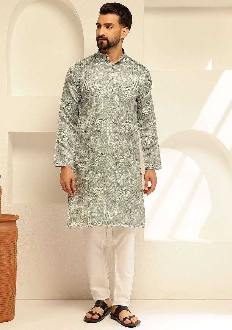 Green Solid Poly Blend Kurta Set For Men - Indya