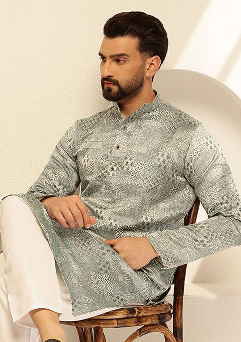 Green Solid Poly Blend Kurta Set For Men - Indya