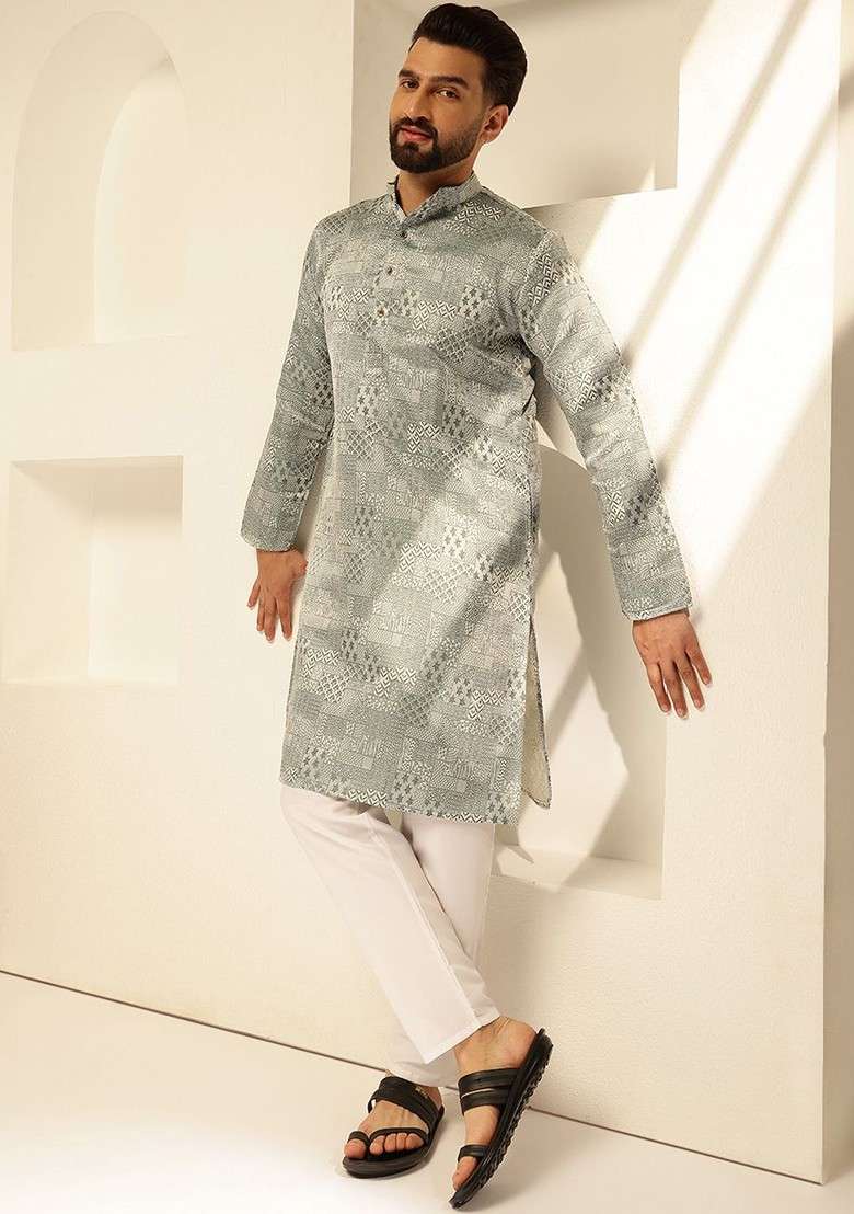 Green Solid Poly Blend Kurta Set For Men - Indya