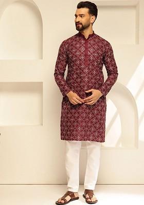 Maroon Thread Work Poly Blend Kurta Set For Men