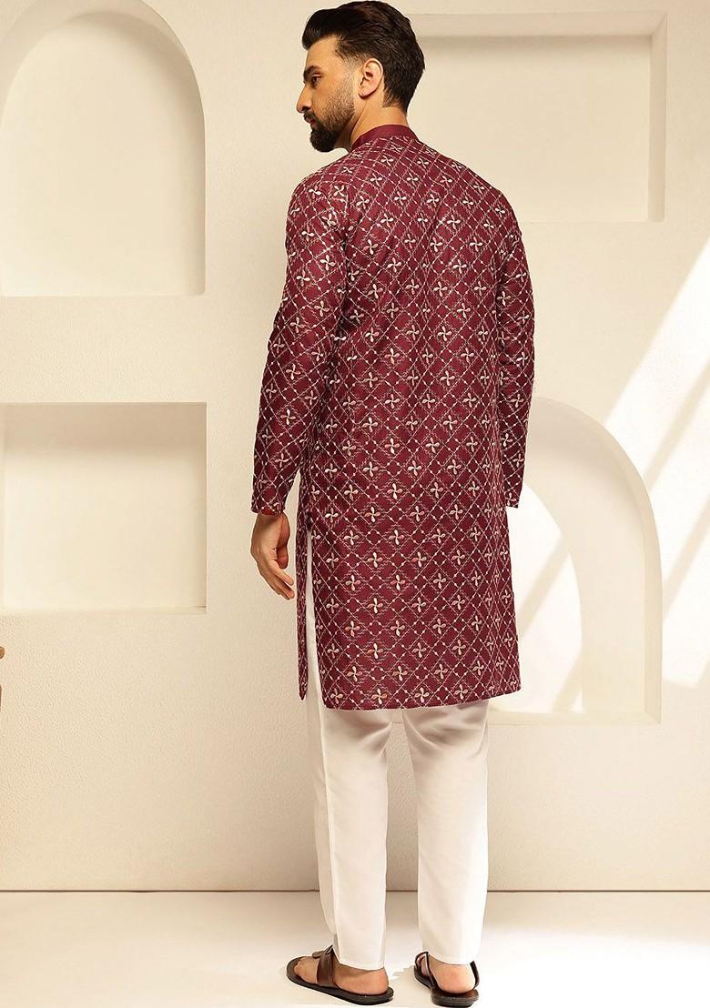 Maroon Thread Work Poly Blend Kurta Set For Men