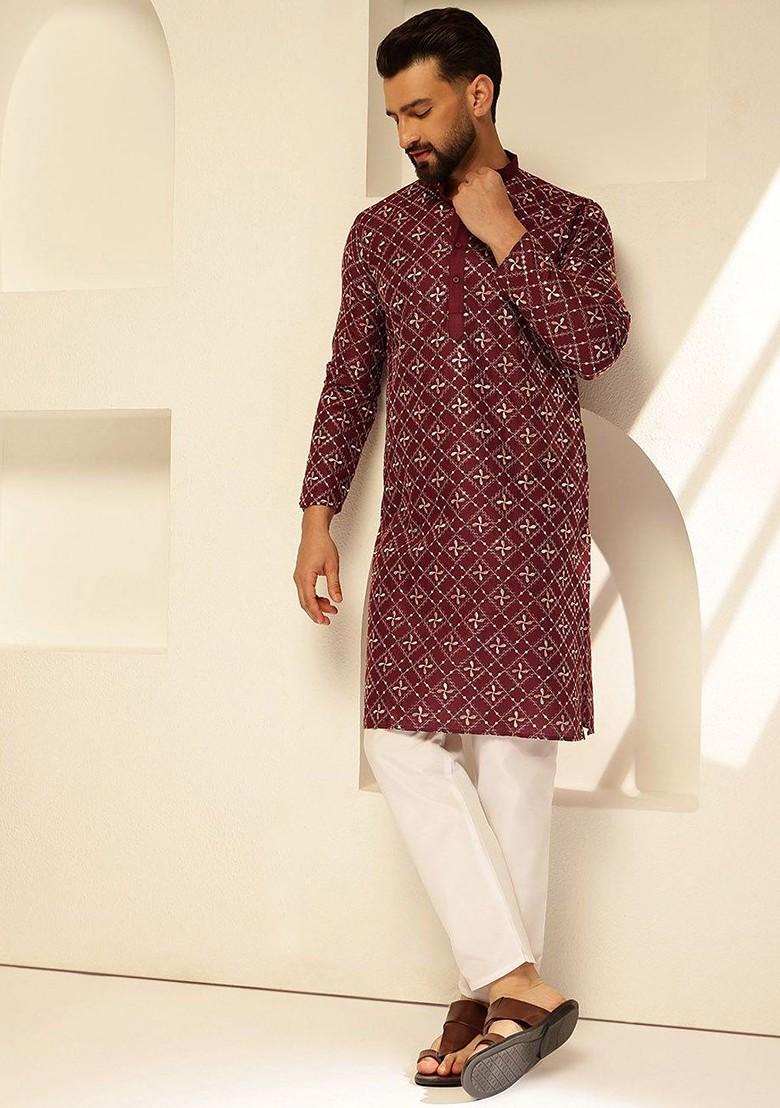 Maroon Thread Work Poly Blend Kurta Set For Men