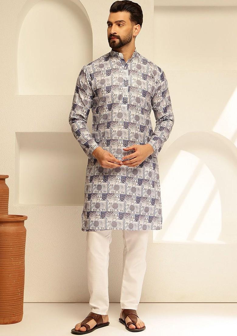 Blue Printed Poly Blend Kurta Set For Men