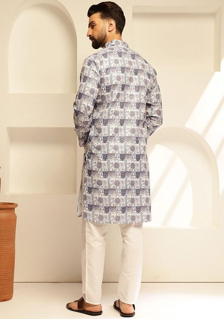 Blue Printed Poly Blend Kurta Set For Men