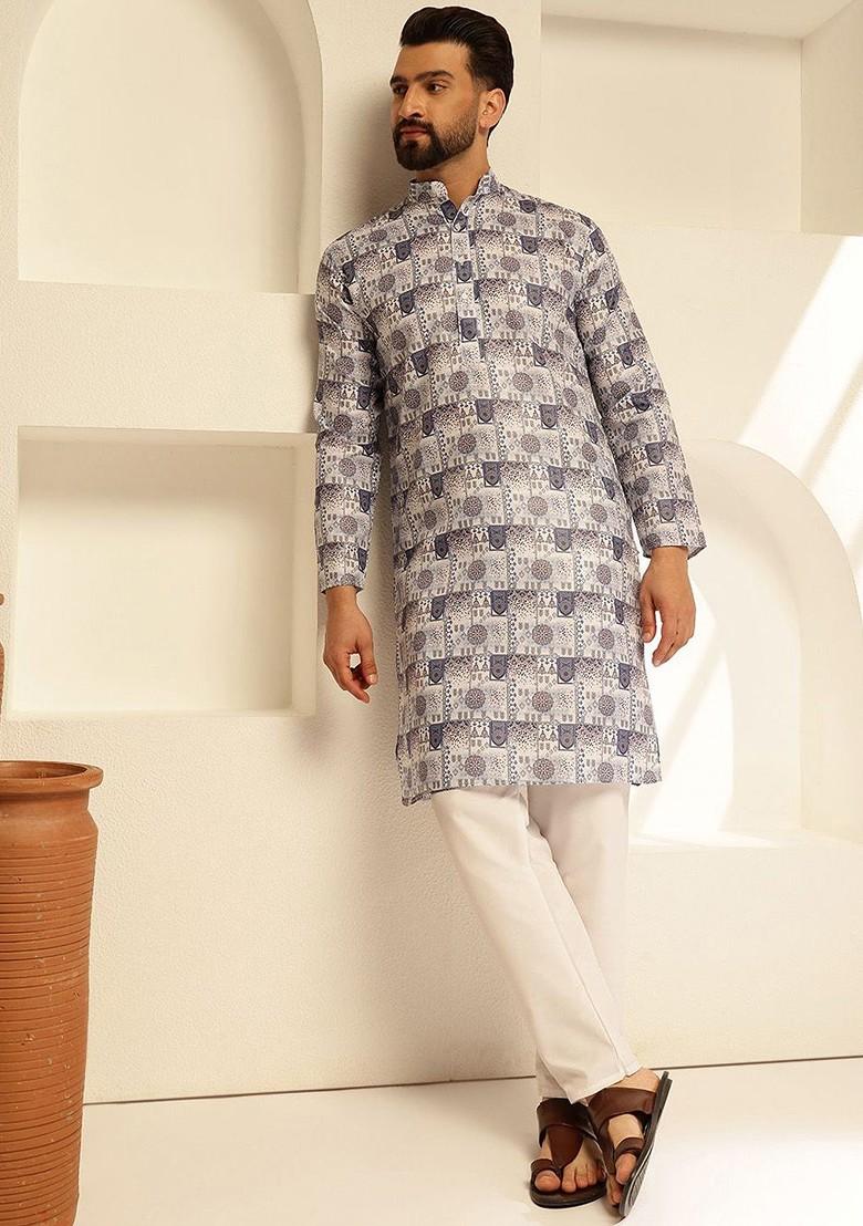 Blue Printed Poly Blend Kurta Set For Men
