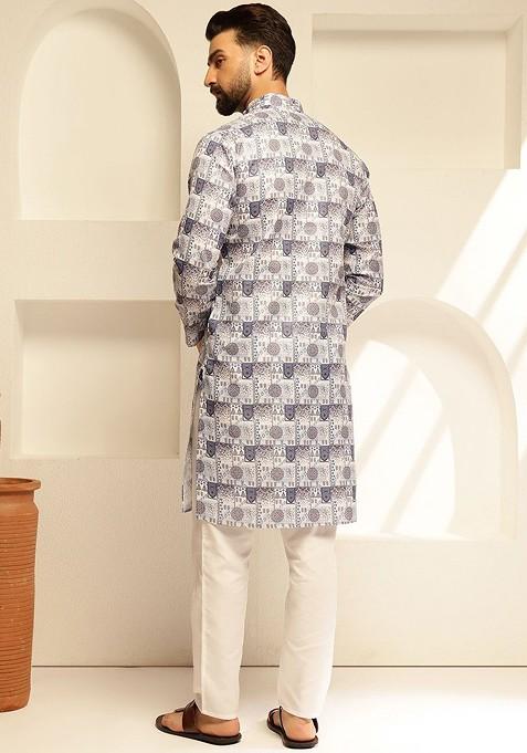 Blue Printed Poly Blend Kurta Set For Men