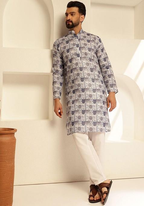 Blue Printed Poly Blend Kurta Set For Men