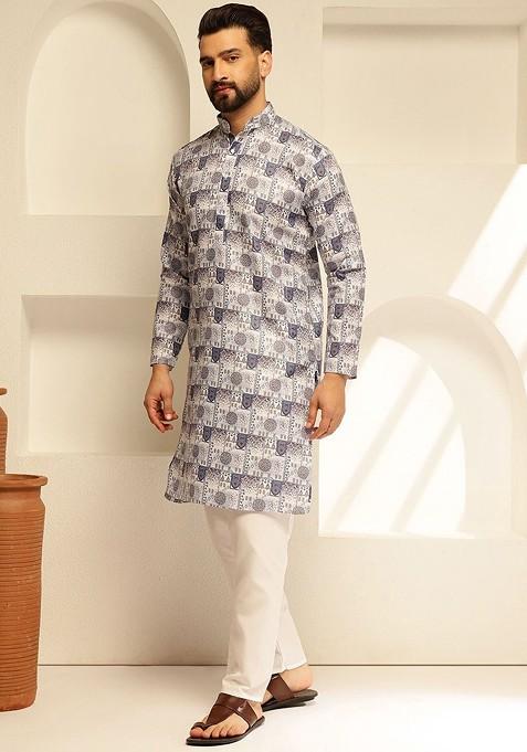 Blue Printed Poly Blend Kurta Set For Men