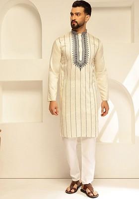 Cream Thread Work Poly Blend Kurta Set For Men