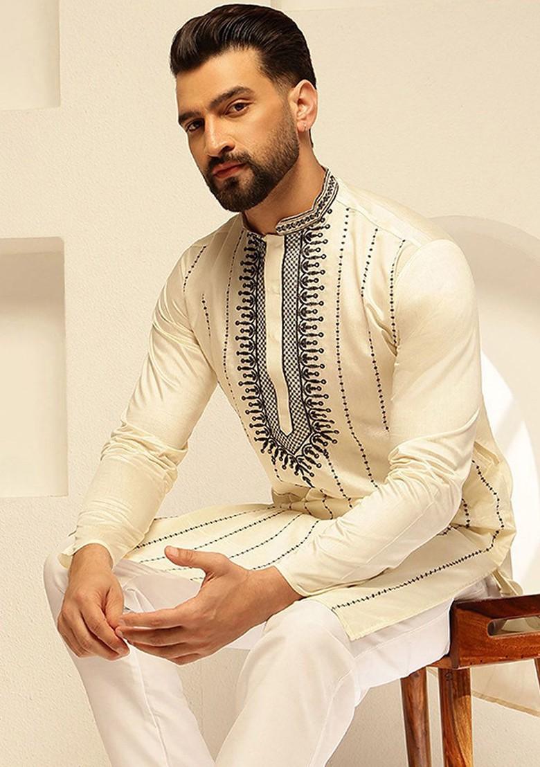 Cream Thread Work Poly Blend Kurta Set For Men