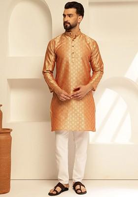 Orange Thread Work Poly Blend Kurta Set For Men