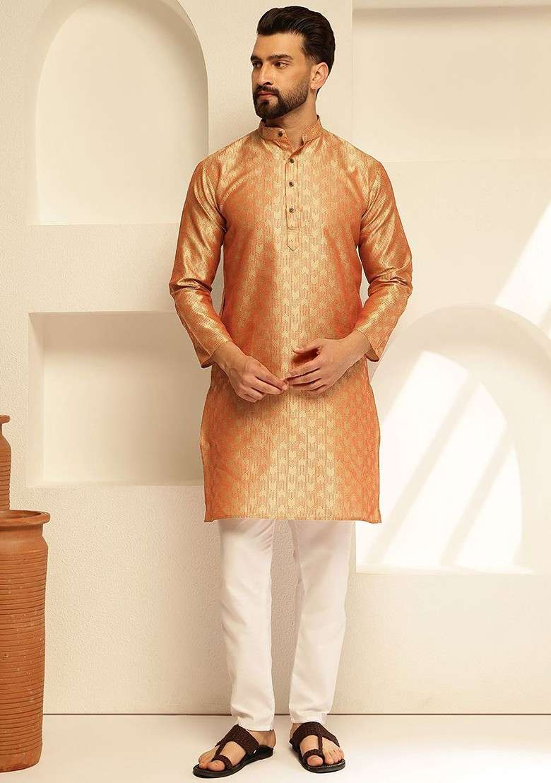 Orange Thread Work Poly Blend Kurta Set For Men - Indya