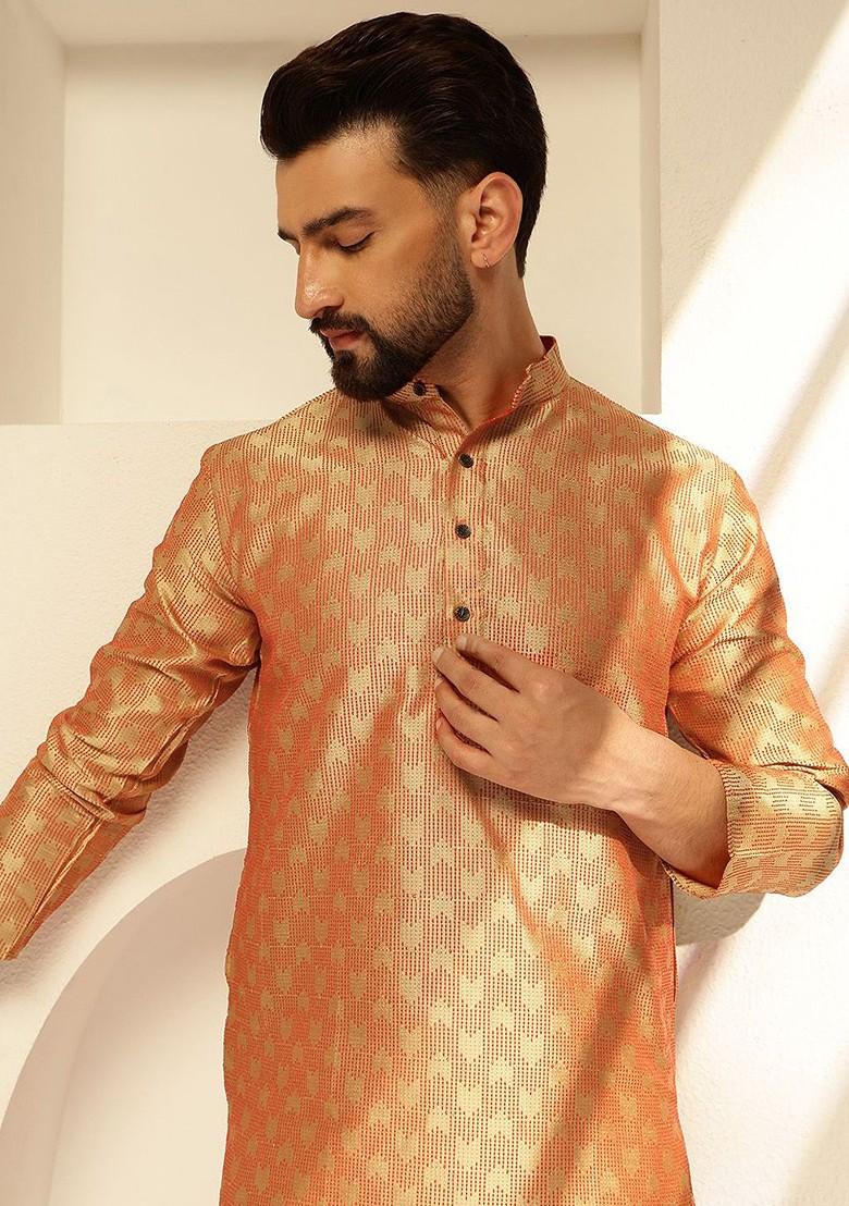 Orange Thread Work Poly Blend Kurta Set For Men