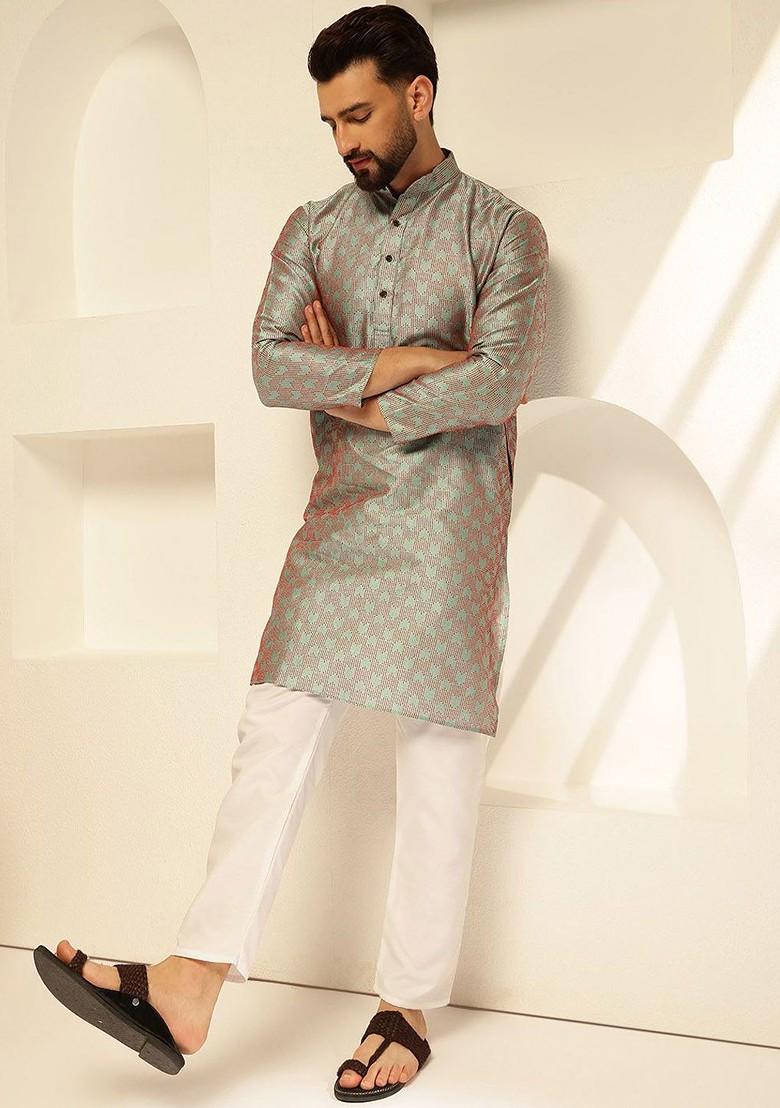 Green Thread Work Poly Blend Kurta Set For Men