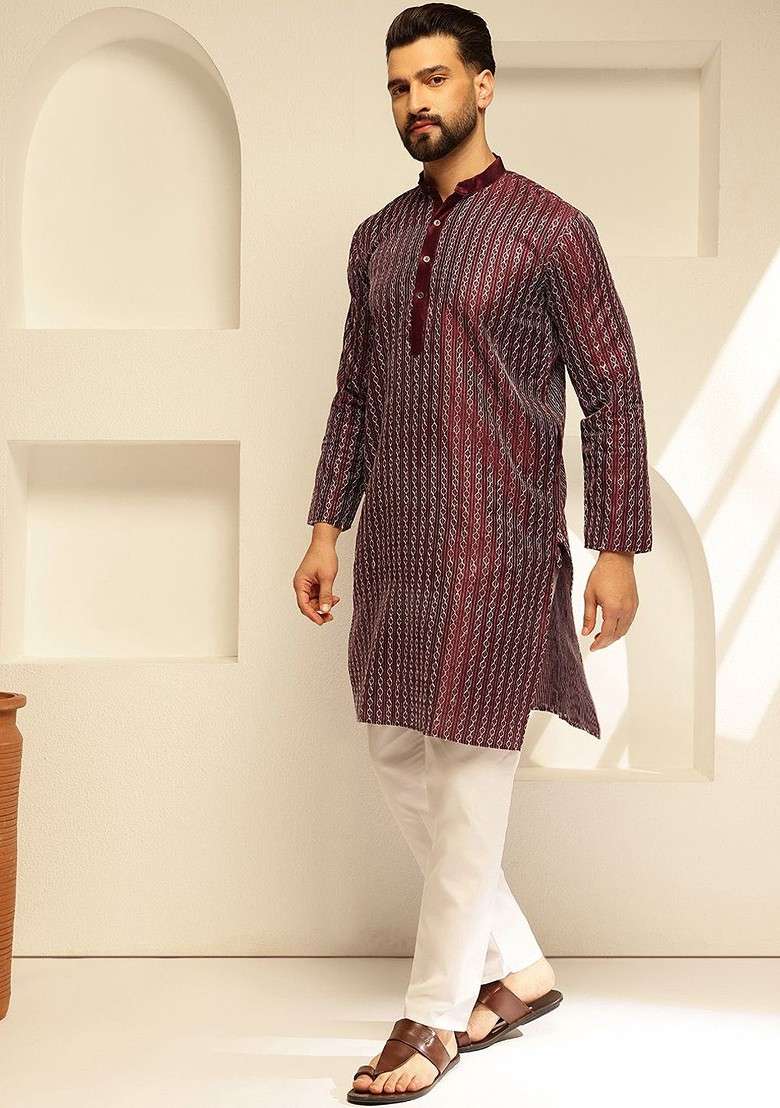Burgundy Thread Work Poly Blend Kurta Set For Men - Indya