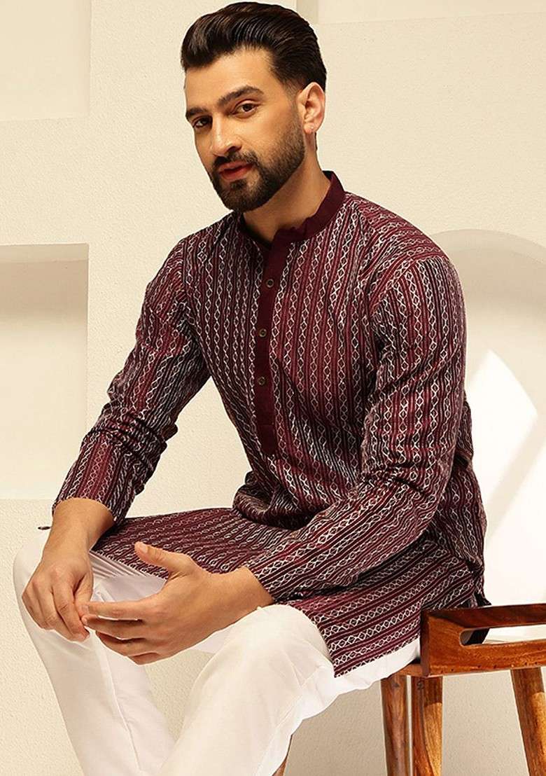 Burgundy Thread Work Poly Blend Kurta Set For Men - Indya