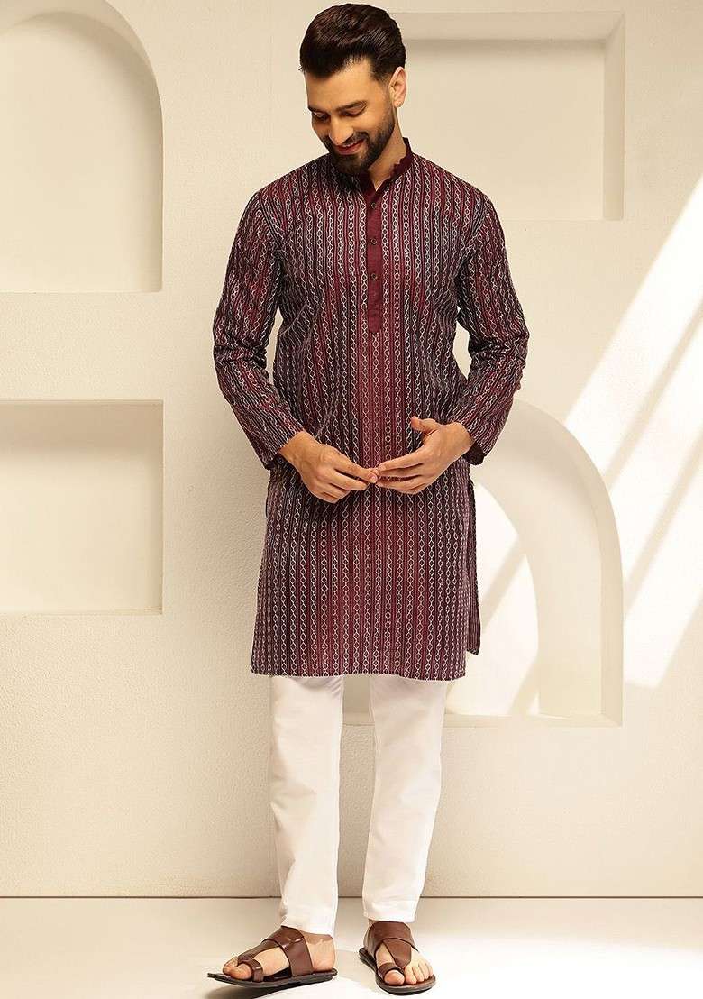 Burgundy Thread Work Poly Blend Kurta Set For Men - Indya