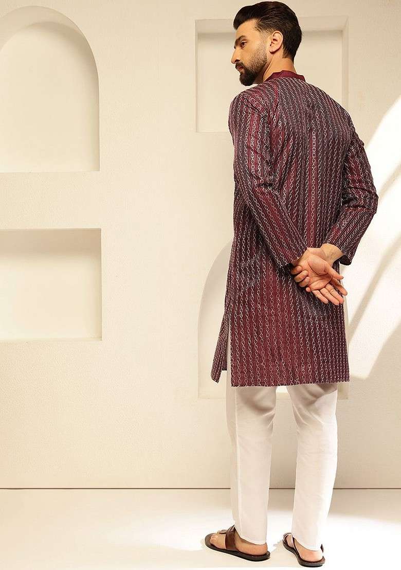 Burgundy Thread Work Poly Blend Kurta Set For Men - Indya