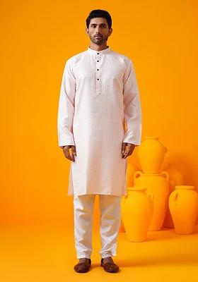 Pink Thread Work Poly Blend Kurta Set For Men