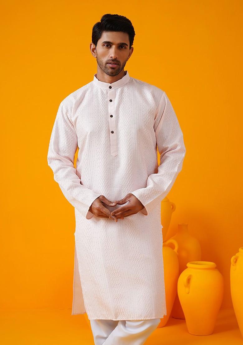 Pink Thread Work Poly Blend Kurta Set For Men