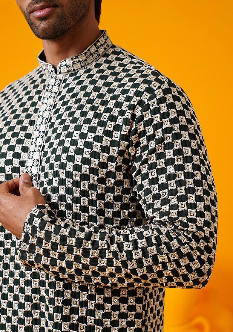 Green Thread Work Poly Blend Kurta Set For Men