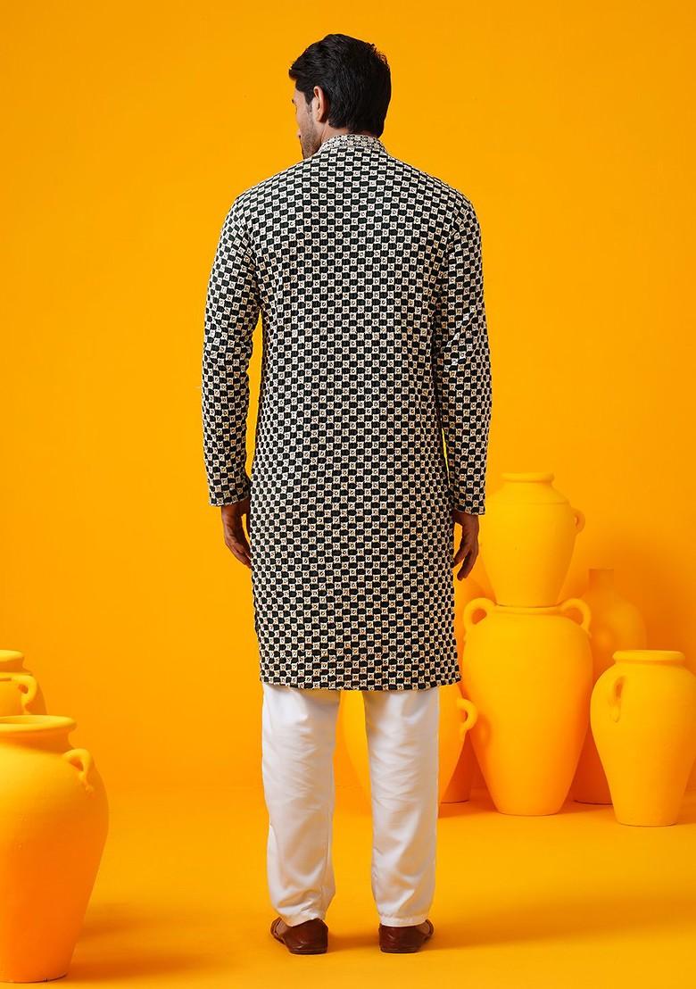 Green Thread Work Poly Blend Kurta Set For Men