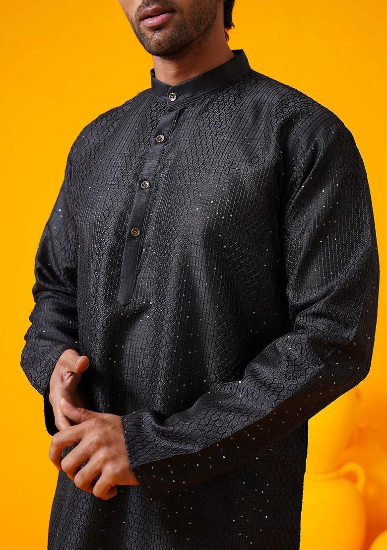 Black Thread Work Poly Blend Kurta Set For Men