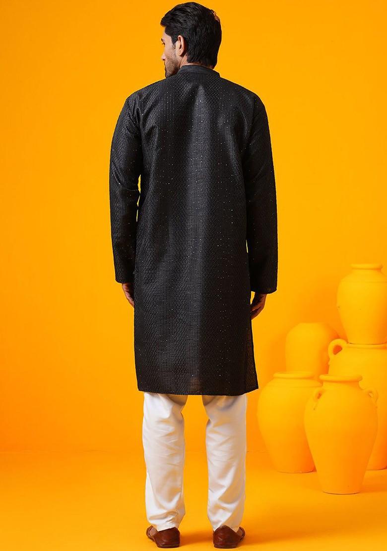 Black Thread Work Poly Blend Kurta Set For Men