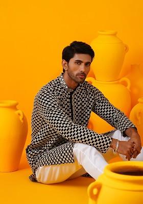 Black Thread Work Poly Blend Kurta Set For Men
