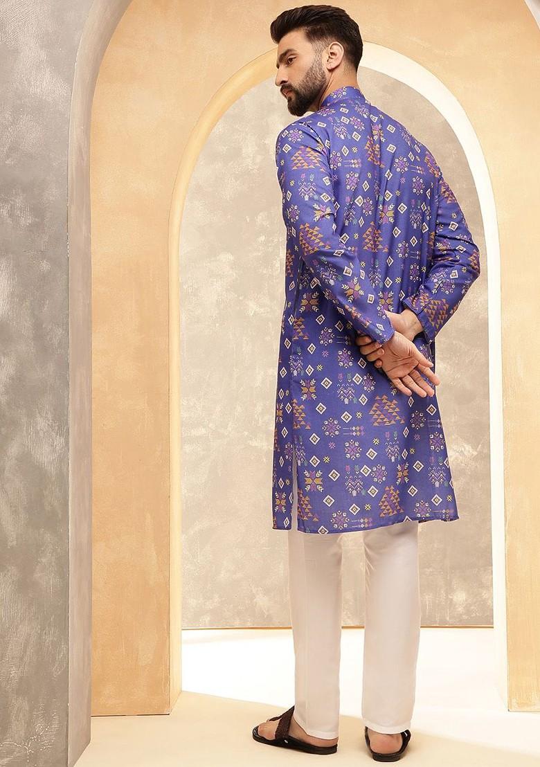 Blue Printed Poly Blend Kurta Set For Men