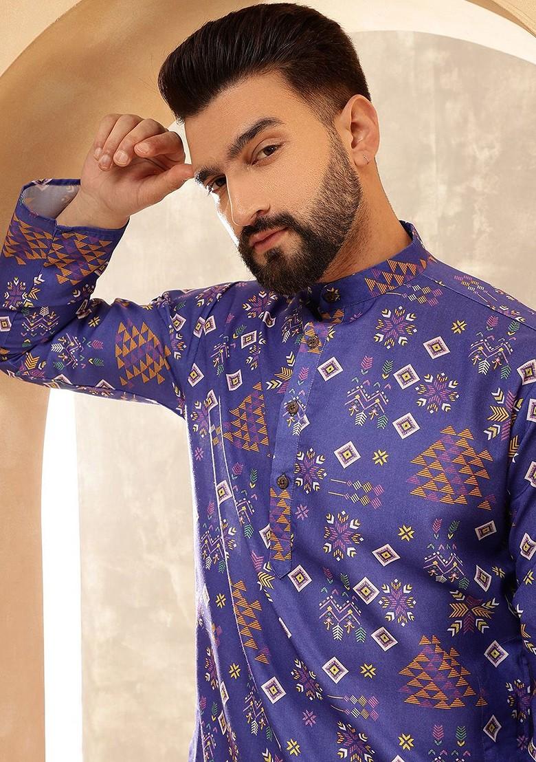 Blue Printed Poly Blend Kurta Set For Men