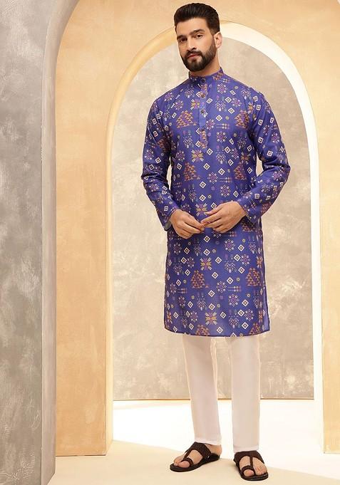Blue Printed Poly Blend Kurta Set For Men