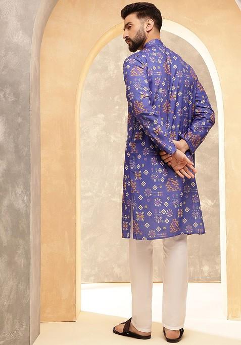 Blue Printed Poly Blend Kurta Set For Men