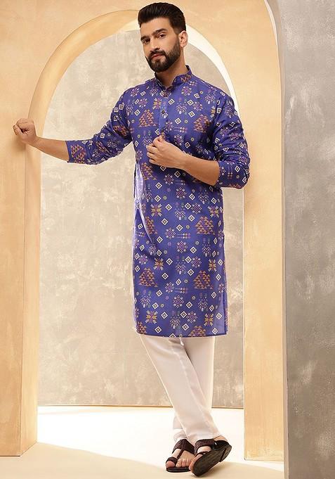 Blue Printed Poly Blend Kurta Set For Men