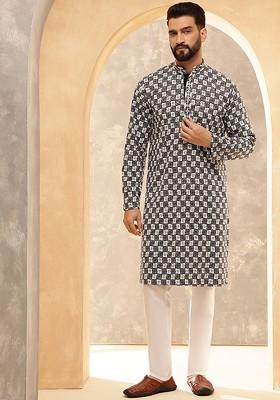 Black Thread Work Poly Blend Kurta Set For Men
