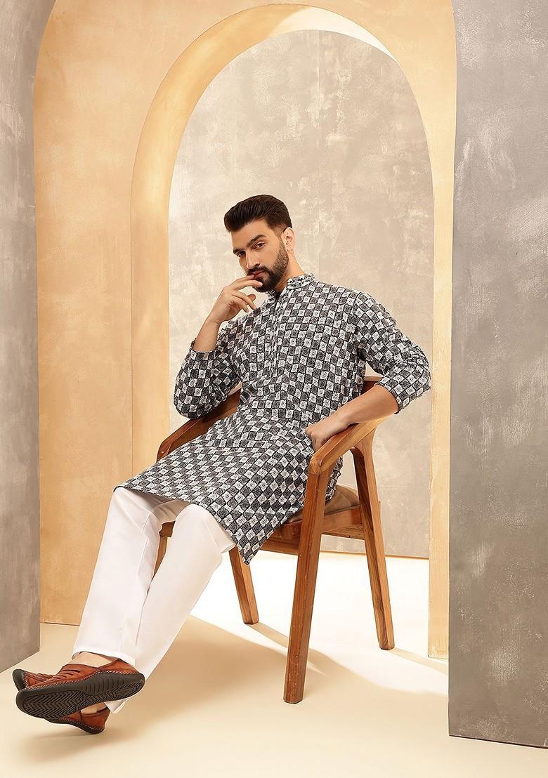 Black Thread Work Poly Blend Kurta Set For Men
