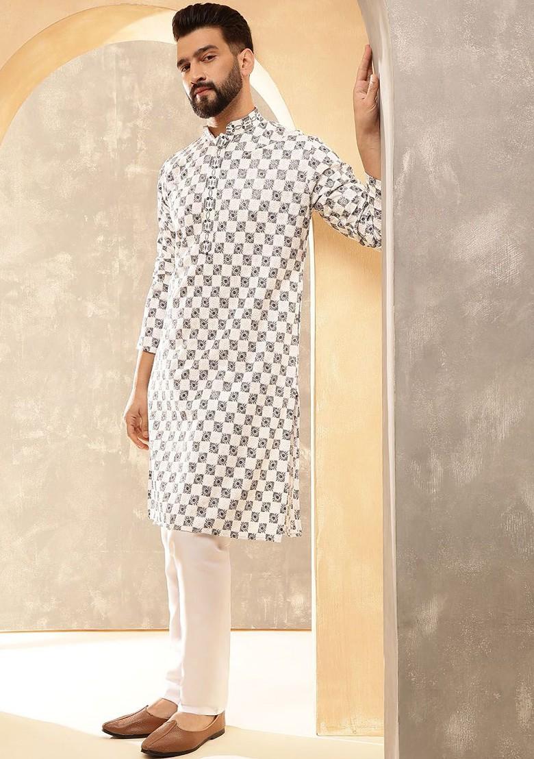 White Thread Work Poly Blend Kurta Set For Men