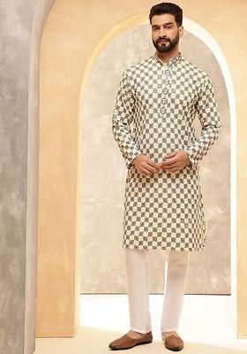 Beige Embroidered Poly Blend Kurta Set For Men